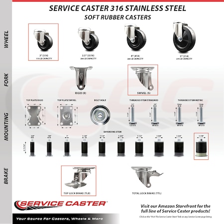 Service Caster 3 Inch 316SS Soft Rubber Wheel Swivel 1-7/8 Inch Expanding Stem Caster Brake SCC SCC-SS316EX20S314-SRS-TLB-178